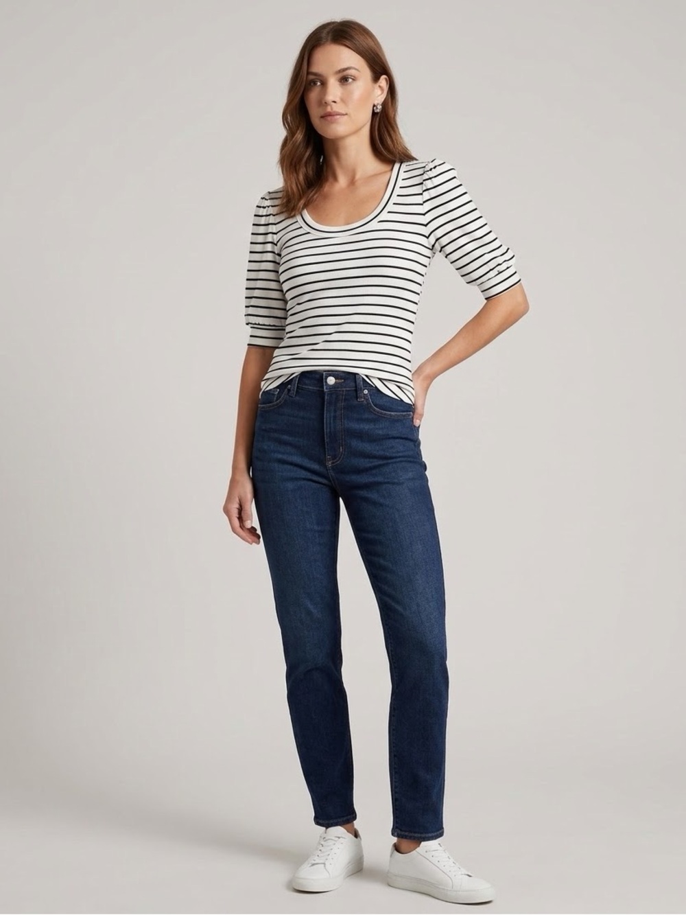 Allison Joy Black & White Striped Puff Sleeve Ribbed Top - XS